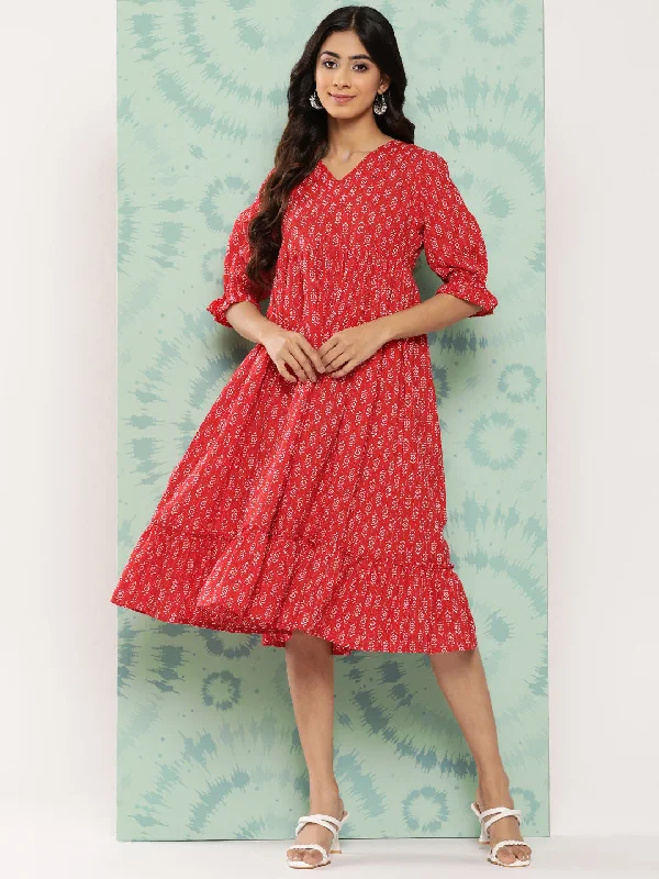 Women's Ethnic Motifs Printed Red Cotton Dress - Janasya