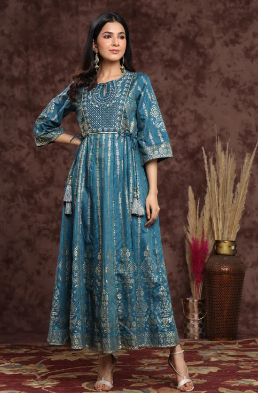 Women's Teal Shantoon Printed Anarkali Dress - Juniper