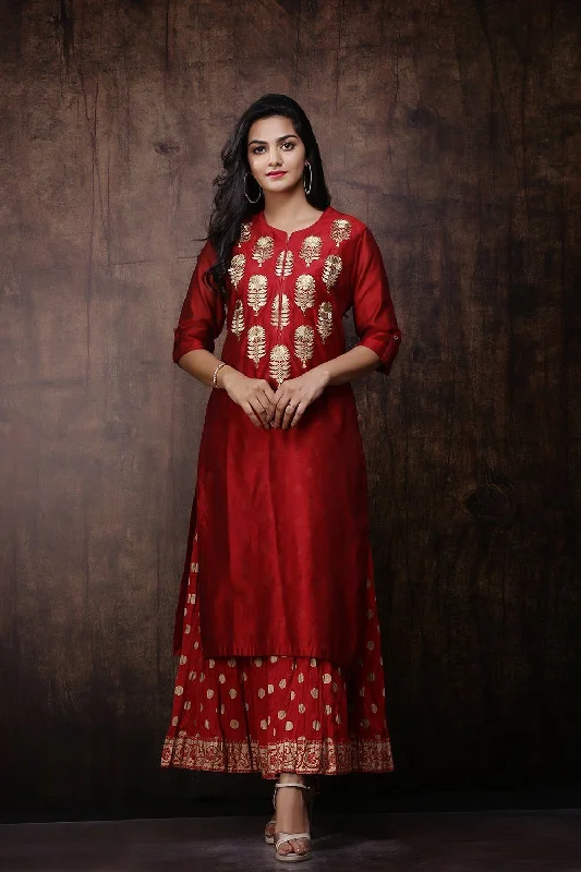 Women's Maroon Chanderi Embroidered 2 Piece Kurta Dress - Juniper