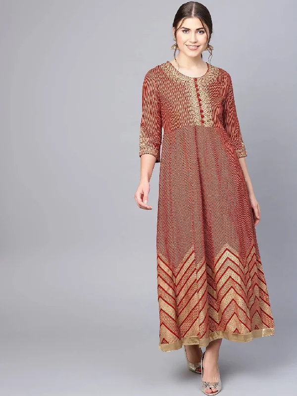 Women's Maroon Rayon Printed Anarkali Kurta Dress - Juniper