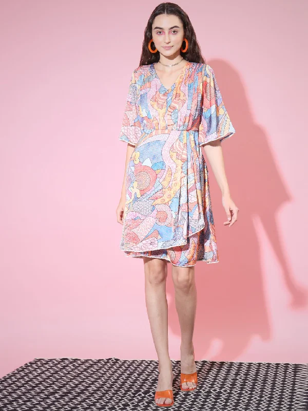 Women's Multi Abstract Printed Empire Dress - Myshka