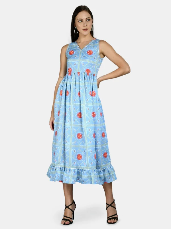 Women Sky Blue Printed Cotton Dress by Myshka (1 Pc Set)