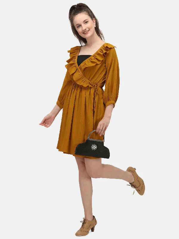 Women's Musturd Ruffle Short Knee Length Dress -  MESMORA FASHIONS