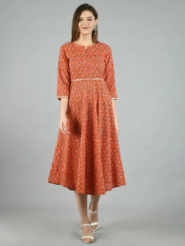 Women's Brown Cotton Printed 3/4 Sleeve Round Neck Casual Dress - Myshka