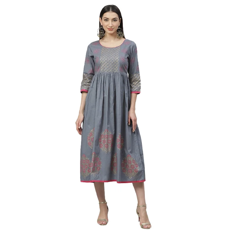 Women's Grey Cotton Printed 3/4 Sleeve Round Neck Casual Dress - Myshka