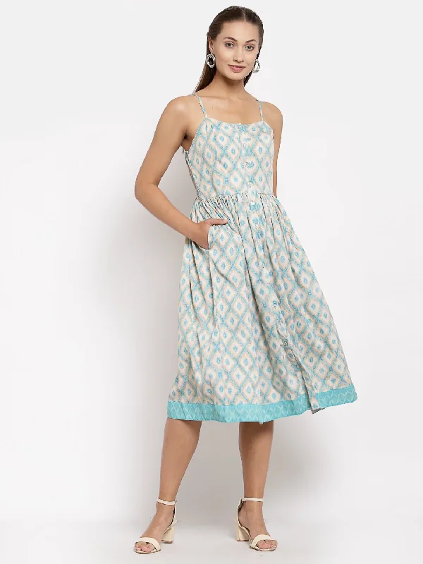Women White Printed Cotton Dress by Myshka (1 Pc Set)