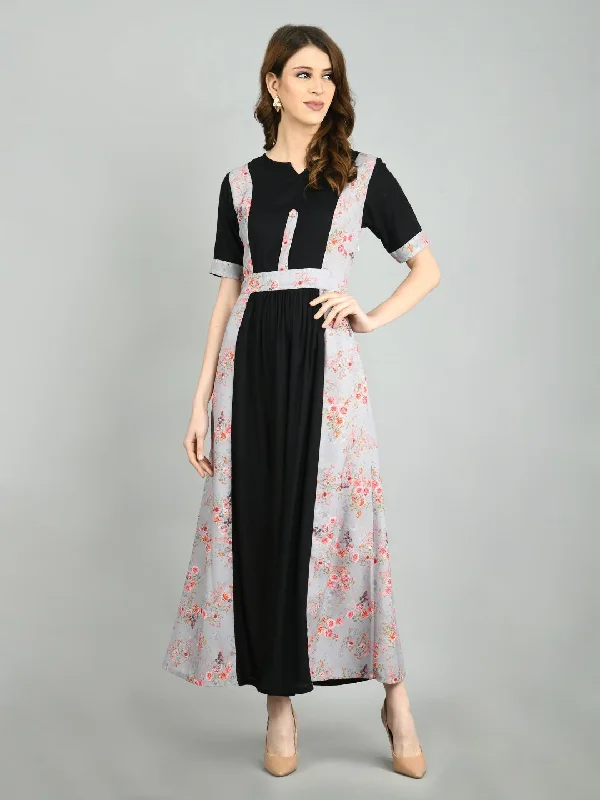 Women's Multi Polyester Printed Half Sleeve Round Neck Casual Dress - Myshka