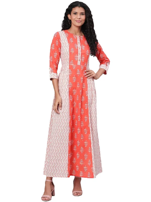 Women's Multi Printed 3/4 Sleeve Cotton Round Neck Dress - Myshka