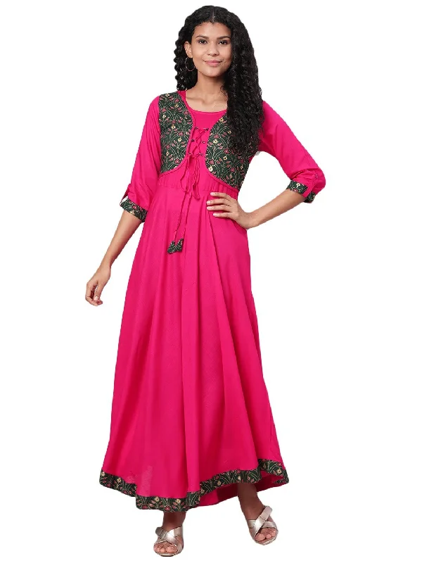 Women's Multi Printed 3/4 Sleeve Rayon Round Neck Dress - Myshka