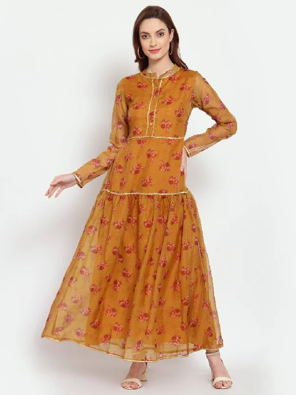 Women's Multi Printed Organza Full Sleeve Mandarin Neck Casual Dress - Myshka