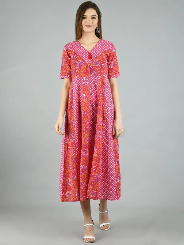 Women's Pink Cotton Printed Half Sleeve V Neck Casual Dress - Myshka