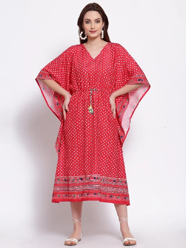Women's Red Printed Cotton Blend 3/4 Sleeve V Neck Casual Dress - Myshka