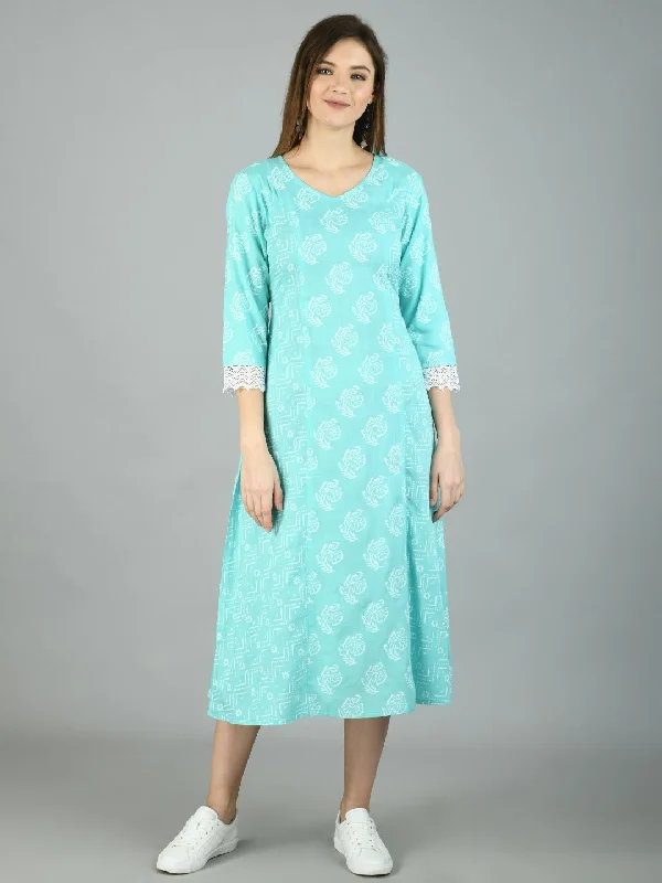 Women's Sky Blue Cotton Printed Full Sleeve V Neck Casual Dress - Myshka