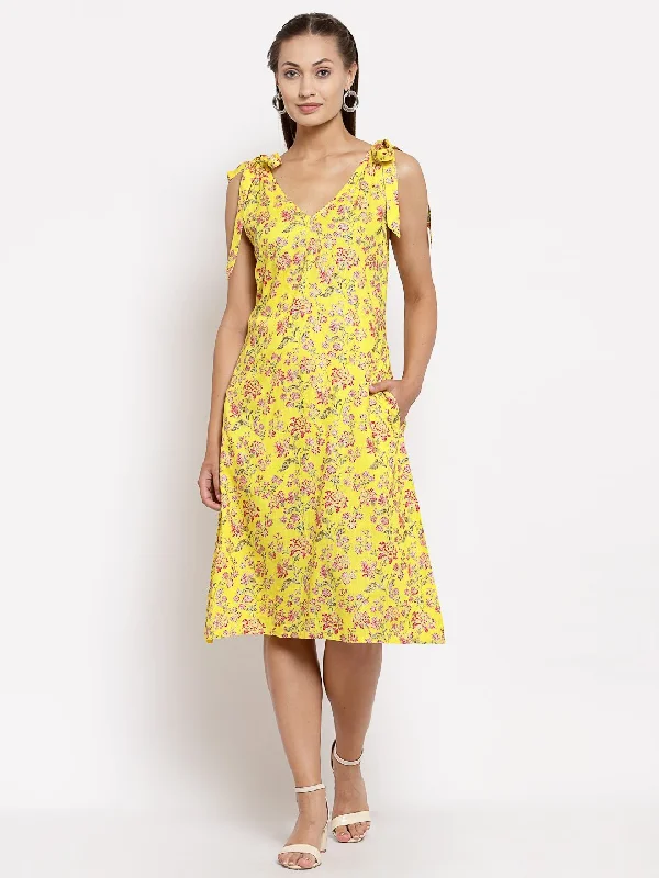 Women Yellow Cotton Printed Dress by Myshka (1 Pc Set)