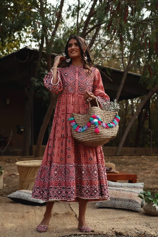 Women's Peach Cambric Mexican Print Tiered Dress With Mask - Juniper