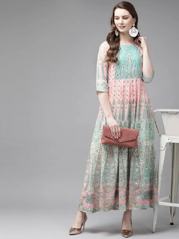 Women's Peach Georgette Printed Kalidar Dress - Juniper