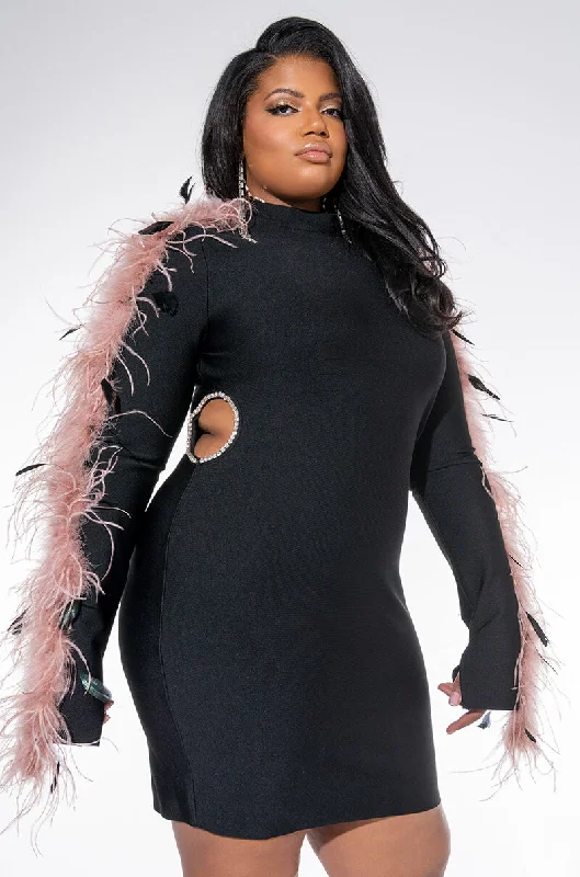 PLUS IN IT TO WIN REAL FEATHER BANDAGE DRESS