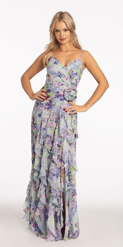 Print Chiffon Column Dress with Cascade Hem and Side Slit