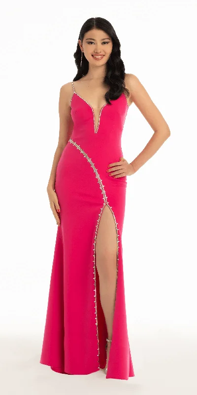 Scuba Plunging Trumpet Dress with Rhinestone Side Slit