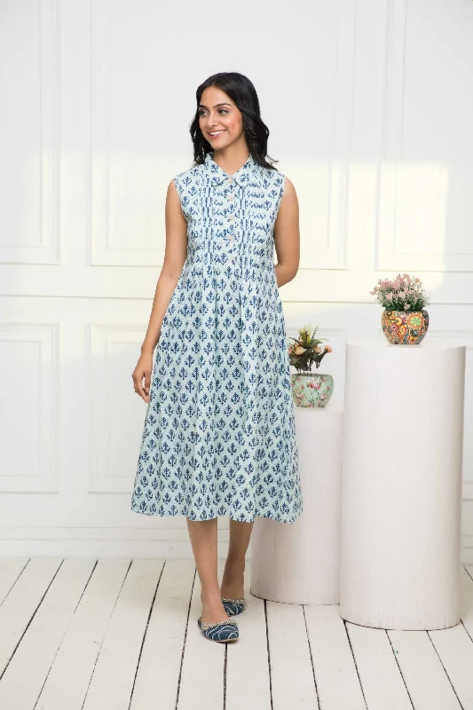 Women's Blue Ethnic Motifs Cotton A-Line Mandarin Collar Dress - Myshka
