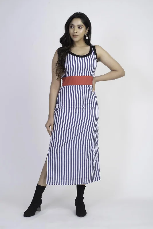 Women's Blue White Stripes Dress - Khumaar- Shuchi Bhutani