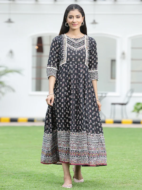 Women's Black Cambric Printed Anarkali Dress - Juniper
