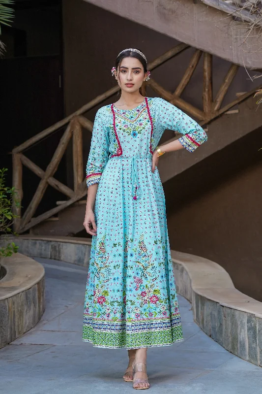 Women's Skyblue Rayon Printed Anarkali Dress - Juniper