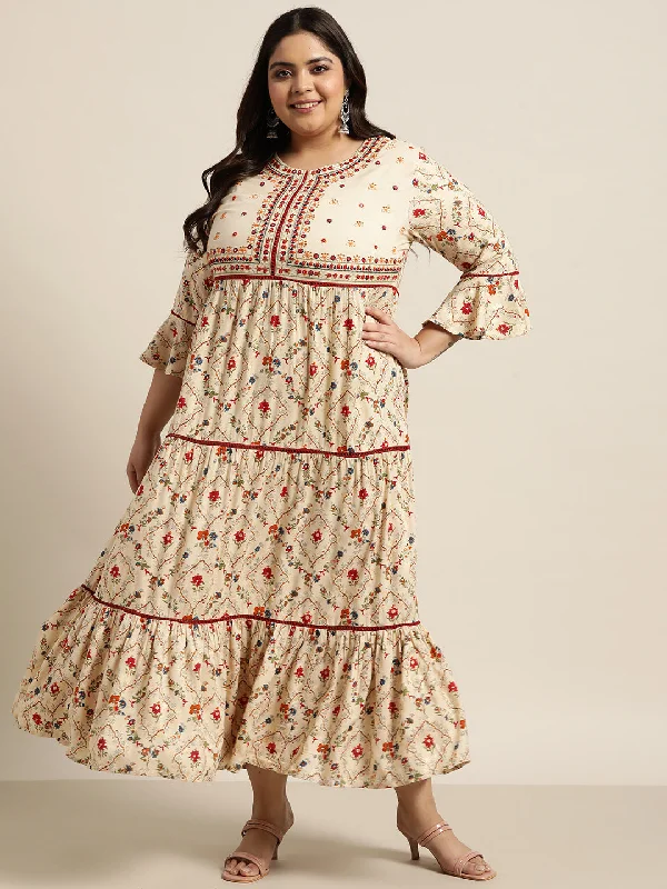 Women's Beige Rayon Festive Wear Embroidered & Printed Tiered Dress - Juniper