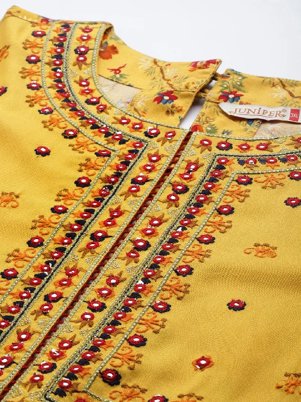 Women's Yellow Rayon Festive Wear Embroidered & Printed Tiered Dress - Juniper