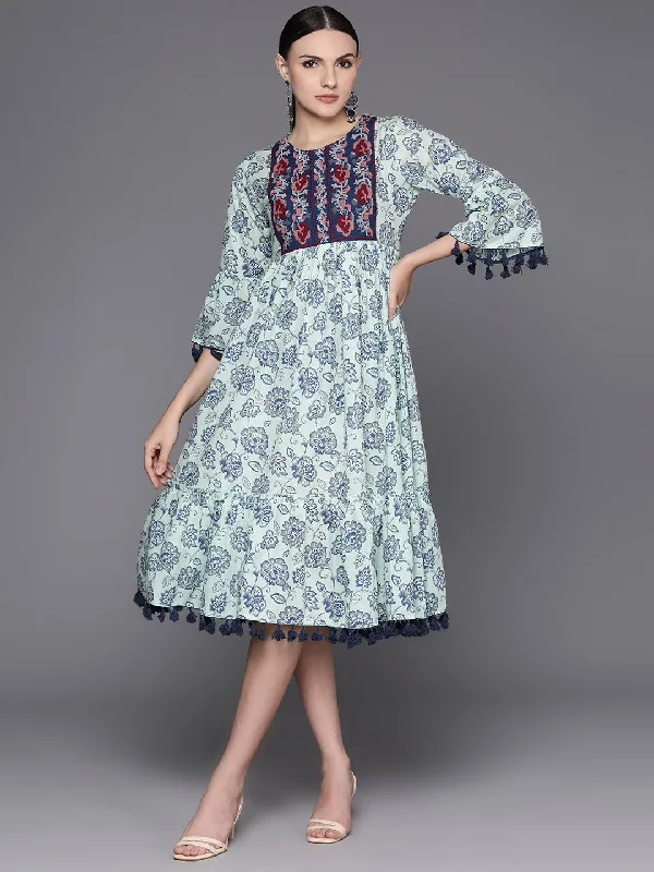 Women's Blue Embroidered A-Line Ethnic Dress - Indo Era