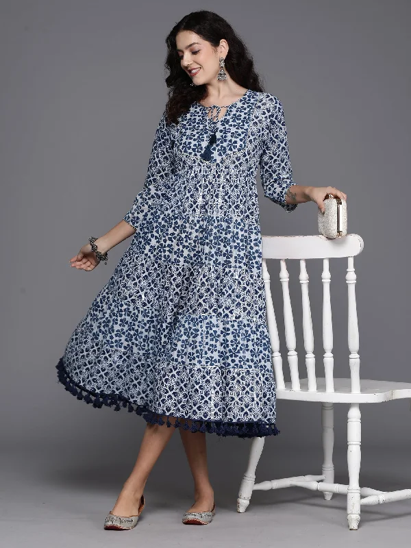 Women's Blue Printed A-Line Casual Dress - Indo Era