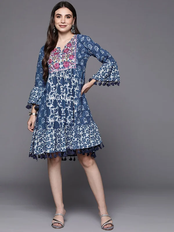 Women's Blue Embroidered A-Line Ethnic Dress - Indo Era