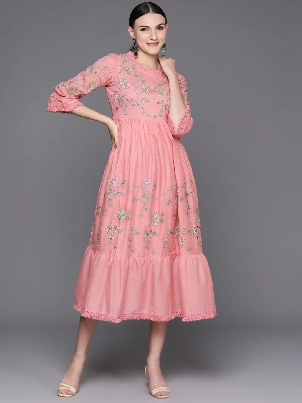 Women's Peach Embroidered A-Line Ethnic Dress - Indo Era