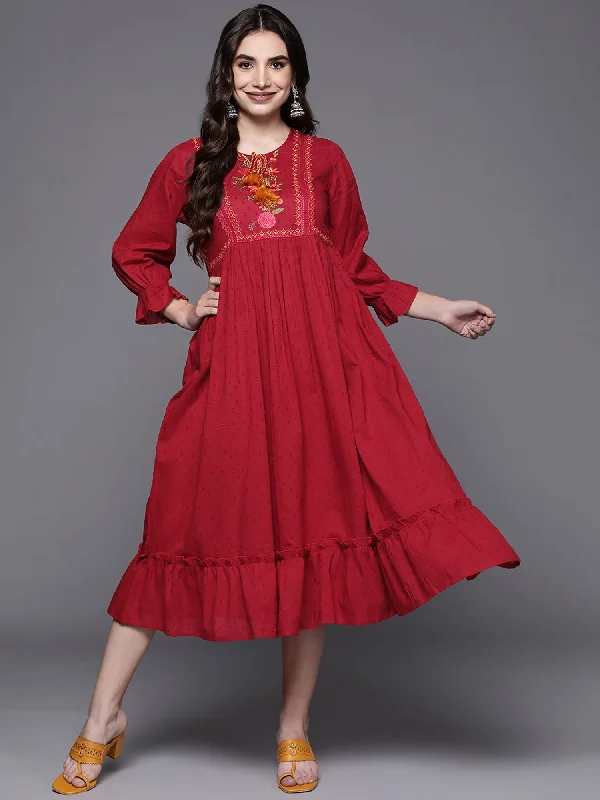 Women's Red Embroidered A-Line Ethnic Dress - Indo Era