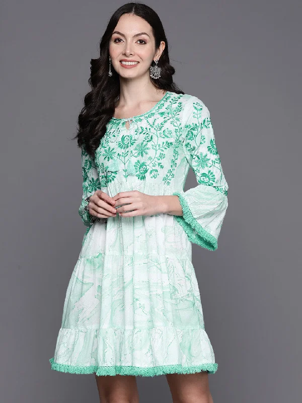 Women's Sea Green Embroidered A-Line Ethnic Dress - Indo Era