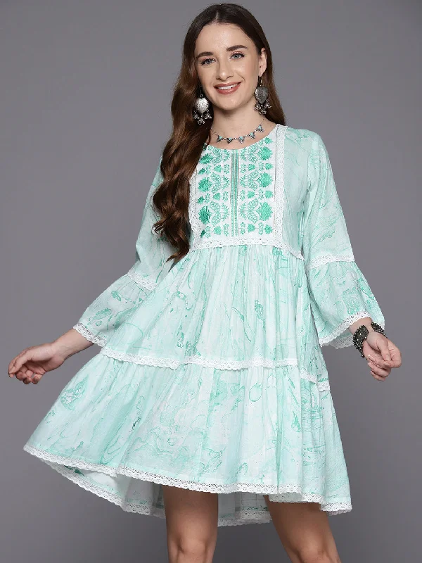 Women's Sea Green Embroidered A-Line Smart Casual Dress - Indo Era