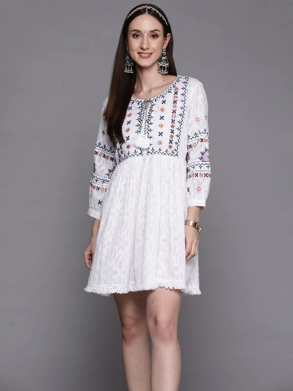 Women's White Embroidered A-Line Ethnic Dress - Indo Era