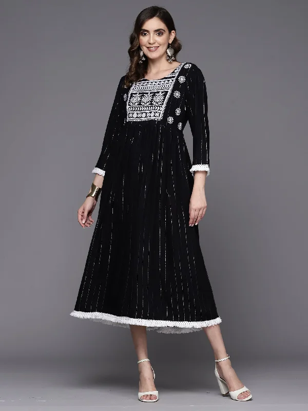 Women's Black Embroidered A-Line Ethnic Dress - Indo Era
