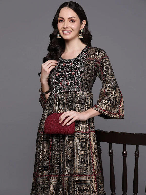 Women's Black Embroidered A-Line Ethnic Dress - Indo Era