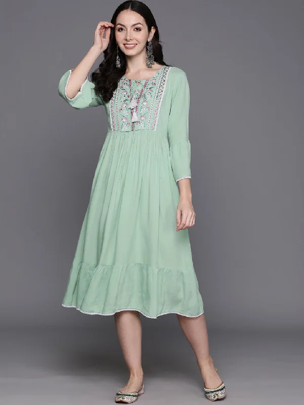 Women's Blue Embroidered A-Line Ethnic Dress - Indo Era