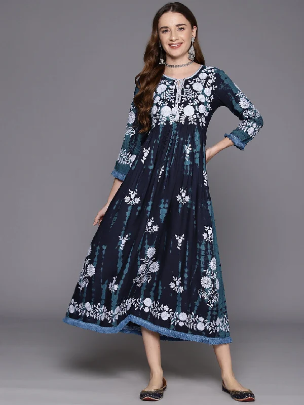 Women's Blue Embroidered A-Line Ethnic Dress - Indo Era