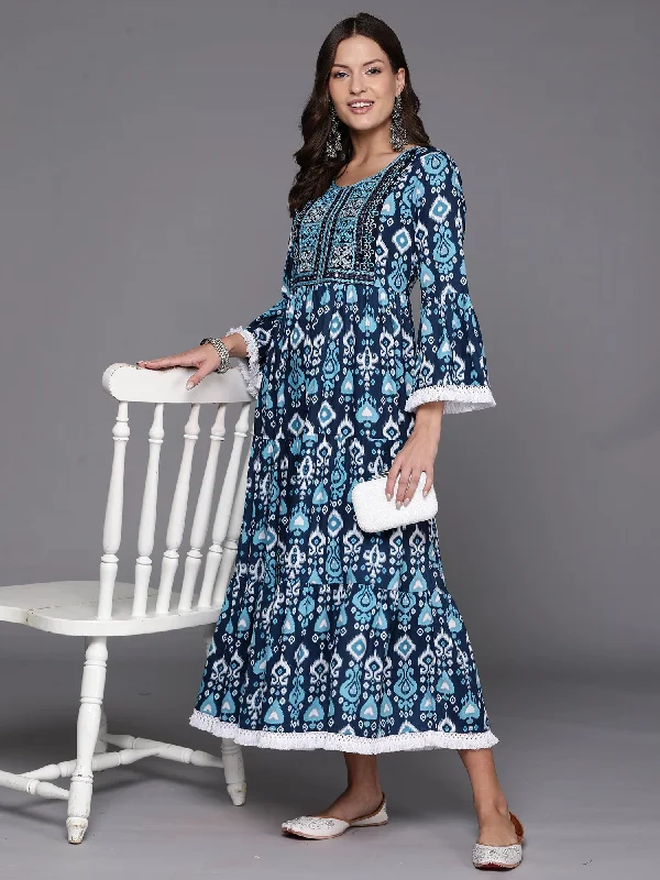 Women's Blue Printed A-Line Dresses - Indo Era
