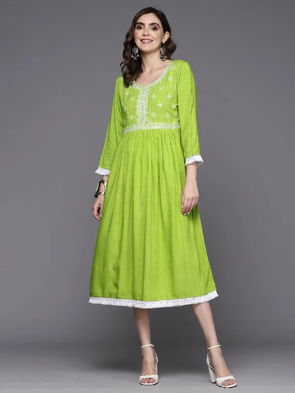 Women's Green Embroidered A-Line Ethnic Dress - Indo Era