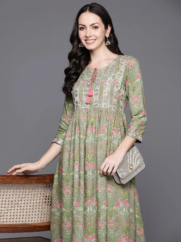 Women's Green Embroidered A-Line Ethnic Dress - Indo Era