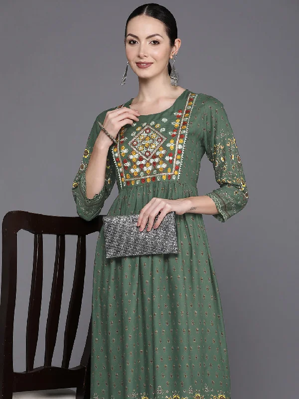 Women's Green Embroidered A-Line Ethnic Dress - Indo Era