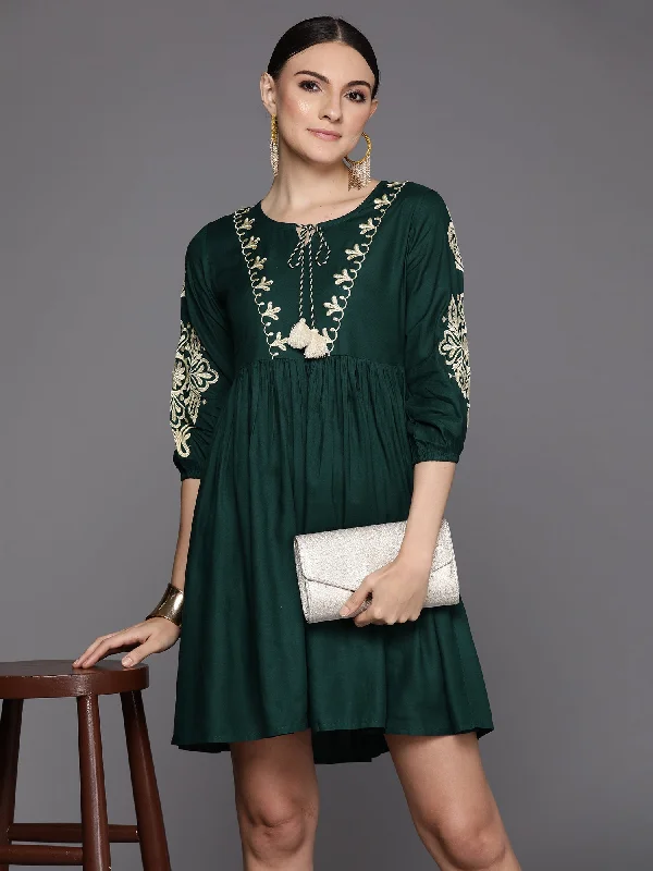Women's Green Embroidered A-Line Ethnic Dress - Indo Era