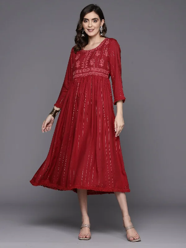 Women's Maroon Embroidered A-Line Ethnic Dress - Indo Era