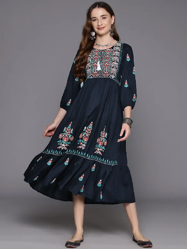 Women's Navy Blue Embroidered A-Line Ethnic Dress - Indo Era