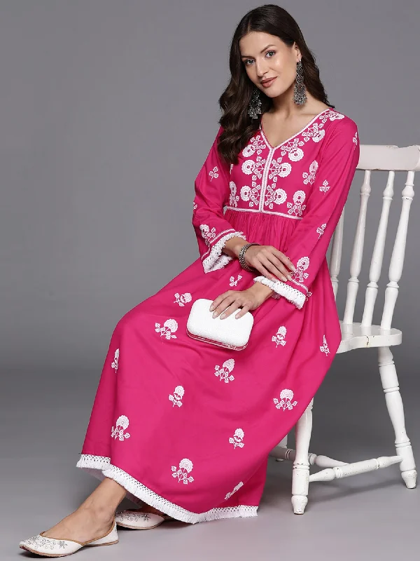 Women's Pink Embroidered A-Line Dresses - Indo Era