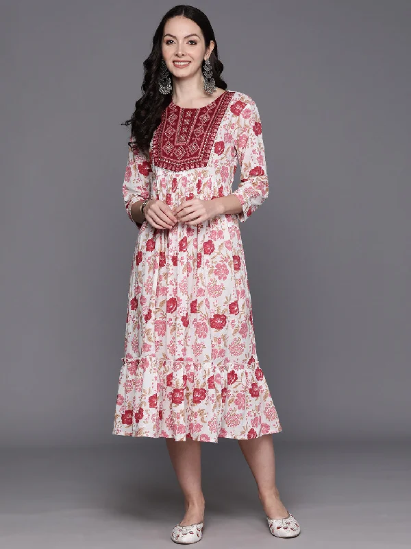 Women's Red Embroidered A-Line Ethnic Dress - Indo Era